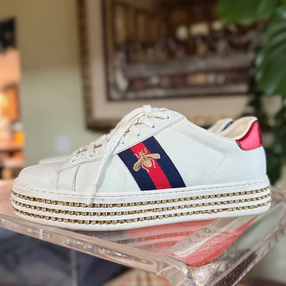 GUCCI Calfskin Crystal Web Bee Womens Ace Platform Sneakers 39 White - Picture 6 of 15